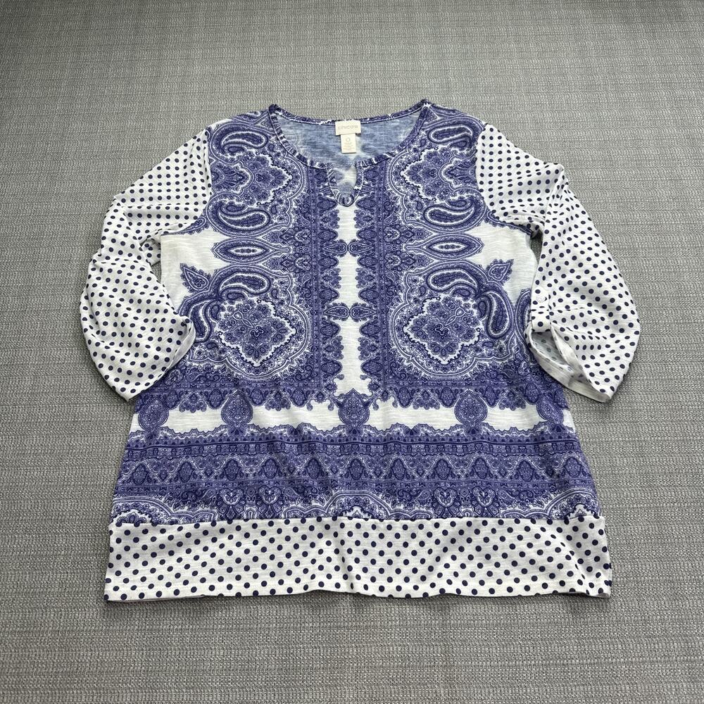 Chicos Shirt Women 0 Small Paisley Polka dots Pullover Boho Resort Vacation Blue